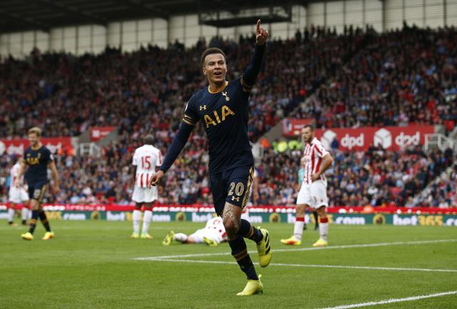 Tottenham's Dele Alli celebrates scoring their third goal. (REUTERS)