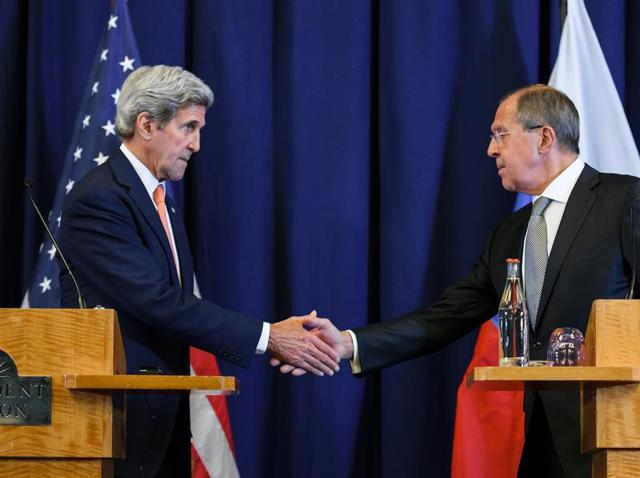 US secretary of state John Kerry (left) with Russian foreign minister Sergei Lavrov. The United States and Russia on Friday agreed a plan to impose a ceasefire in the Syrian civil war and lay the foundation of a peace process. (AFP) US secretary of state John Kerry (left) with Russian foreign minister Sergei Lavrov. The United States and Russia on Friday agreed a plan to impose a ceasefire in the Syrian civil war and lay the foundation of a peace process. (AFP)