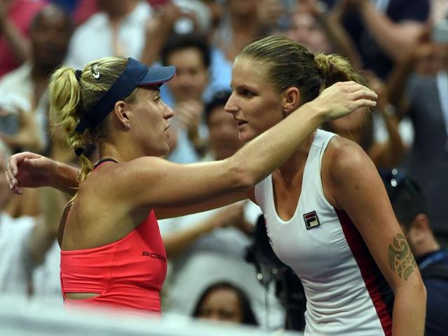 Kerber and Pliskova embrace at the net after the match. (AFP) Kerber and Pliskova embrace at the net after the match. (AFP)