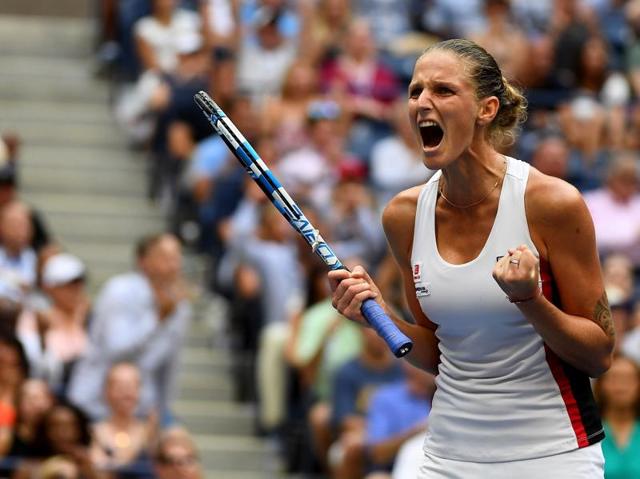 Pliskova celebrates winning the second set. (AFP) Pliskova celebrates winning the second set. (AFP)