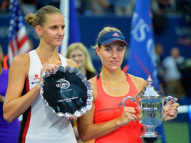 Kerber (R) and Pliskova pose with their trophies during the presentation ceremony. (AFP) Kerber (R) and Pliskova pose with their trophies during the presentation ceremony. (AFP)