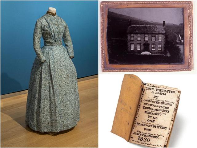 (Clockwise from left) Charlotte Bronte’s day dress, made of cotton and wool; Haworth Parsonage, circa 1850s, where Bronte lived nearly all her life; and ‘The Poetaster: A Drama by Lord Charles Wellesley,’ a Charlotte Bronte miniature book. (National Portrait Gallery, London) (Clockwise from left) Charlotte Bronte’s day dress, made of cotton and wool; Haworth Parsonage, circa 1850s, where Bronte lived nearly all her life; and ‘The Poetaster: A Drama by Lord Charles Wellesley,’ a Charlotte Bronte miniature book. (National Portrait Gallery, London)