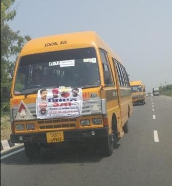School buses bearing the rally posters were seen in Moga. (Ravi Kumar/HT Photo) School buses bearing the rally posters were seen in Moga. (Ravi Kumar/HT Photo)