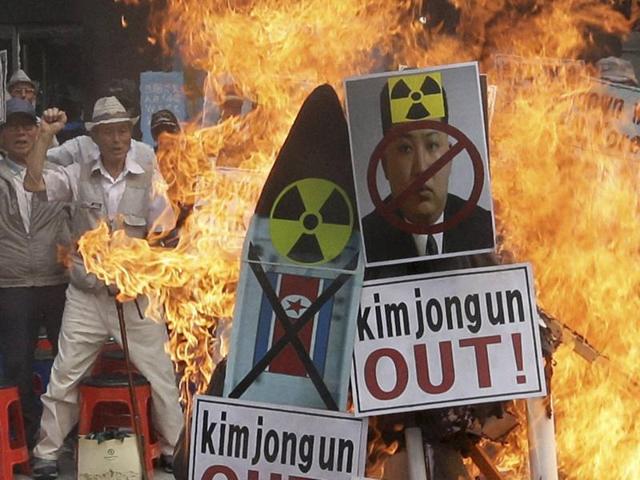 A defaced image of North Korean leader Kim Jong Un is burned by South Korean protesters during a rally denouncing North Korea's latest nuclear test, in Seoul, South Korea. (AP) A defaced image of North Korean leader Kim Jong Un is burned by South Korean protesters during a rally denouncing North Korea's latest nuclear test, in Seoul, South Korea. (AP)