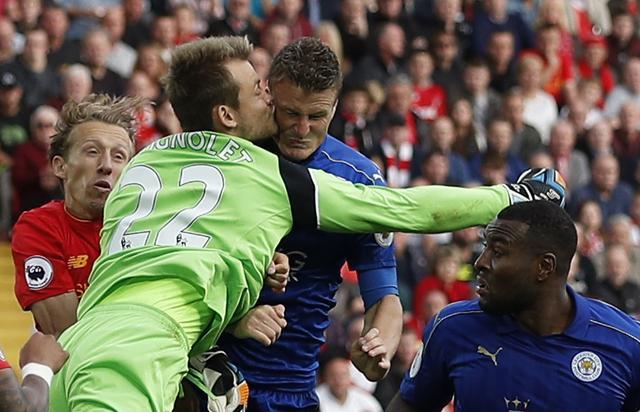 Mignolet’s collision with Huth left him with a bloody nose. (REUTERS) Mignolet’s collision with Huth left him with a bloody nose. (REUTERS)