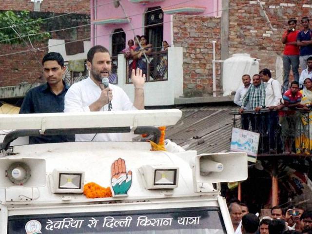 Congress vice-president Rahul Gandhi speaks at a road show during his Kisan Yatra at Mubarakpur in Azamgarh district. (PTI Photo) Congress vice-president Rahul Gandhi speaks at a road show during his Kisan Yatra at Mubarakpur in Azamgarh district. (PTI Photo)