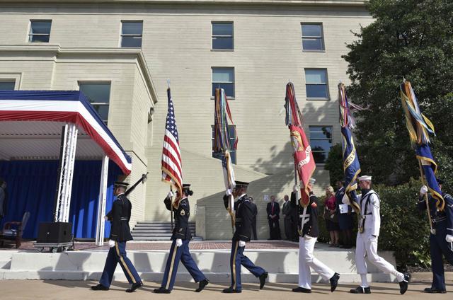 A colour guard arrives for a 9/11 remembrance ceremony in the Pentagon's centre courtyard on September 9, 2016 in Washington, DC. (AFP)