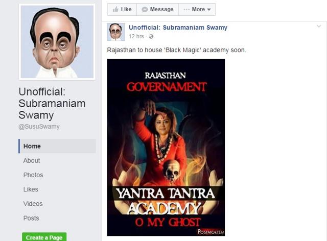 The Facebook page ‘Unofficial: Subramaniam Swamy’ shared satirical images mocking the CM for her intentions of opening a tantra mantra academy in the state. The photograph had over 200 shares. (Facebook) The Facebook page ‘Unofficial: Subramaniam Swamy’ shared satirical images mocking the CM for her intentions of opening a tantra mantra academy in the state. The photograph had over 200 shares. (Facebook)