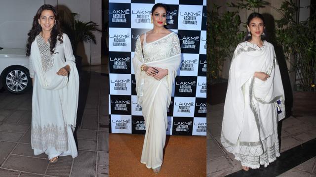 Juhi Chawla, Bipasha Basu (in Sabyasachi) and Aditi Rao Hydari (in Sukriti &amp; Aakriti) have also been spotted in white ethnicwear at recent dos. (Yogen Shah and Viral Bhayani)