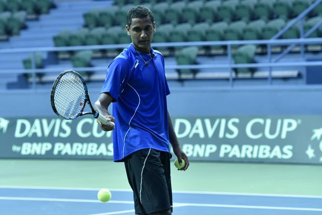 Ramkumar Ramanathan during a practice session of Davis Cup. (Arun Sharma/HT PHOTO)
