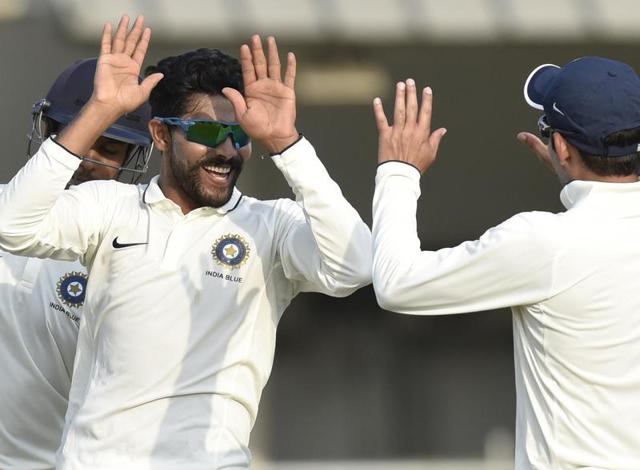 India Blue Bowler Ravindra Jadeja celebrates the wicket of India Red Batsman Stuart Binny during the Duleep Trophy final in Greater Noida on Monday.(Virendra Singh Gosain/HT PHOTO) India Blue Bowler Ravindra Jadeja celebrates the wicket of India Red Batsman Stuart Binny during the Duleep Trophy final in Greater Noida on Monday.(Virendra Singh Gosain/HT PHOTO)