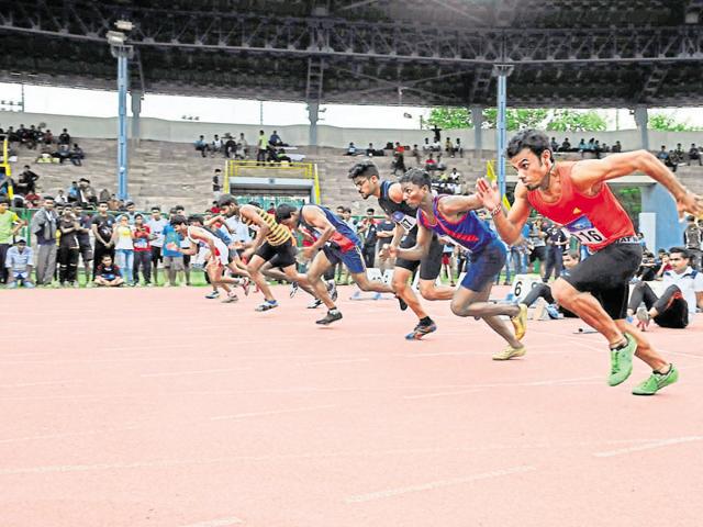 Athletes in action during men’s 100-metre race at the 56th inter-district athletics championship at Tatya Tope Stadium in Bhopal recently. (Mujeeb Faruqui/HT Photo) Athletes in action during men’s 100-metre race at the 56th inter-district athletics championship at Tatya Tope Stadium in Bhopal recently. (Mujeeb Faruqui/HT Photo)
