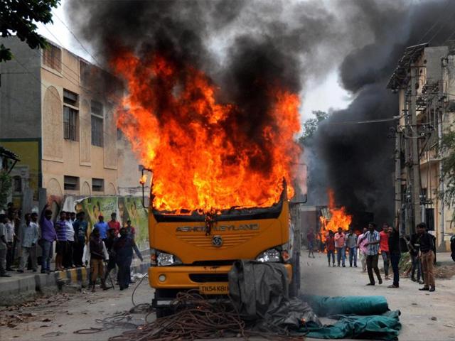 Protests have been reported from several parts of Karnataka after the interim SC order on September 5 asked the state to release 15,000 cusecs of water to Tamil Nadu per day for 10 days. (PTI) Protests have been reported from several parts of Karnataka after the interim SC order on September 5 asked the state to release 15,000 cusecs of water to Tamil Nadu per day for 10 days. (PTI)