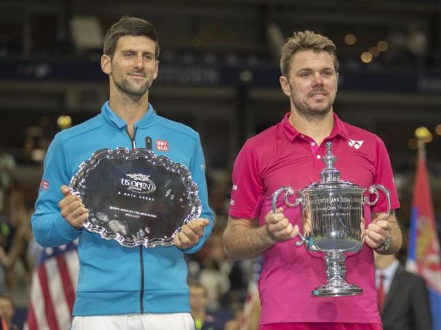 Novak Djokovic (SRB) and Stan Wawrinka (SUI) at the trophy presentation ceremony. (USA Today Sports)