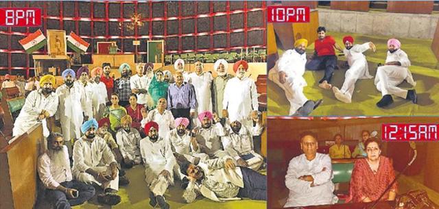 Of the 42 Congress legislators in Punjab, nearly 30 MLAs, including four women, decided to stay put in the assembly in Chandigarh on Monday night; (and right) party leaders Sukhjinder Randhawa, Amrinder Singh Raja Warring, Charanjit Singh Channi and Navtej Bajwa on the floor of the House. ht photos (HT Photos) Of the 42 Congress legislators in Punjab, nearly 30 MLAs, including four women, decided to stay put in the assembly in Chandigarh on Monday night; (and right) party leaders Sukhjinder Randhawa, Amrinder Singh Raja Warring, Charanjit Singh Channi and Navtej Bajwa on the floor of the House. ht photos (HT Photos)