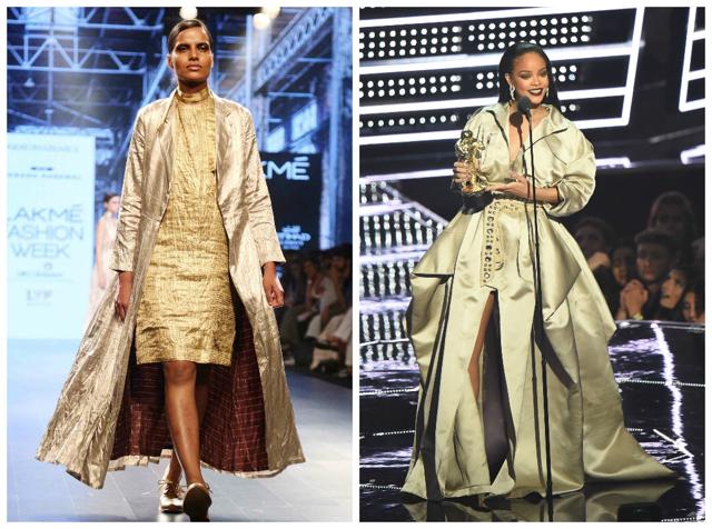 A model in Hemang Agarwal and Rihanna at MTV VMAs (Yogen Shah; Michael Loccisano/Getty Images/AFP)