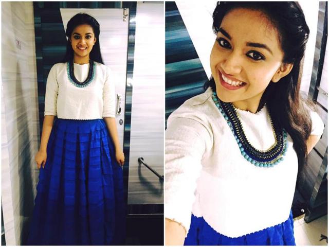 And Keerthy Suresh is a happy girl in her new dress. (ActressKeerthySuresh/Facebook) And Keerthy Suresh is a happy girl in her new dress. (ActressKeerthySuresh/Facebook)