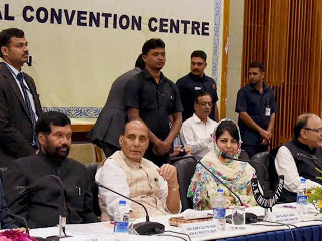 Home minister Rajnath Singh chairing the meeting of All Party delegation with the J-K government, in Srinagar. India has slammed remarks by UNHCR on the situation in the state, saying Indian democracy has all that is required to address legitimate grievances.(PTI Photo) Home minister Rajnath Singh chairing the meeting of All Party delegation with the J-K government, in Srinagar. India has slammed remarks by UNHCR on the situation in the state, saying Indian democracy has all that is required to address legitimate grievances.(PTI Photo)
