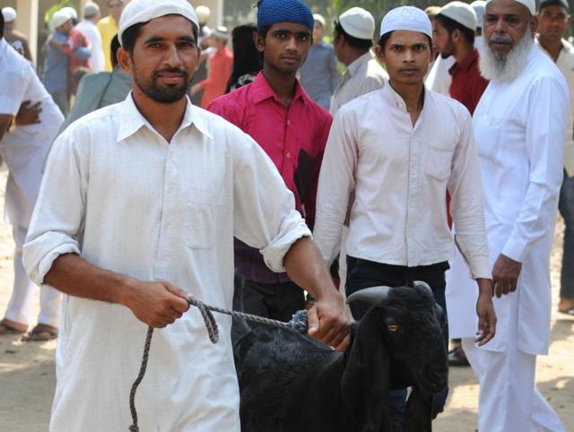A man with a goat meant for Eid sacrifice in Patiala on Tuesday. (Bharat Bhushan/HT)