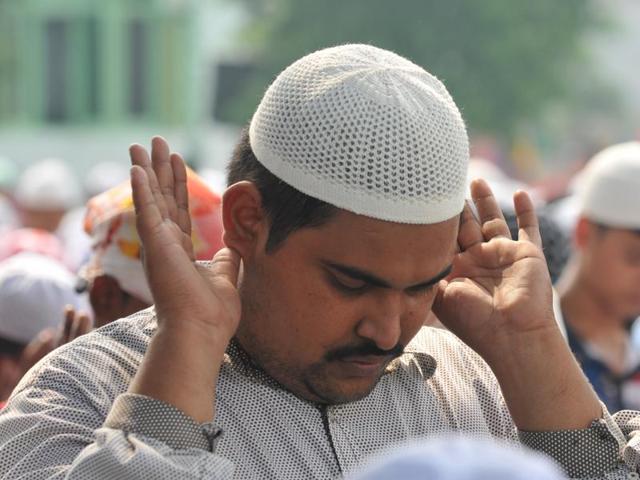 A Muslim man during the namaz prayers on Tuesday. (Pardeep Pandit/HT )