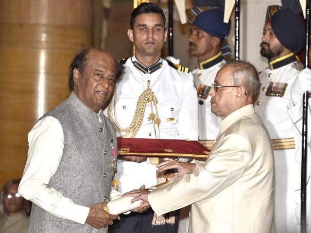 Actor Rajinikanth receives Padma Vibhushan from President Pranab Mukherjee during Padma Awards ceremony at Rashtrapati Bhawan. (HT File Photo) Actor Rajinikanth receives Padma Vibhushan from President Pranab Mukherjee during Padma Awards ceremony at Rashtrapati Bhawan. (HT File Photo)