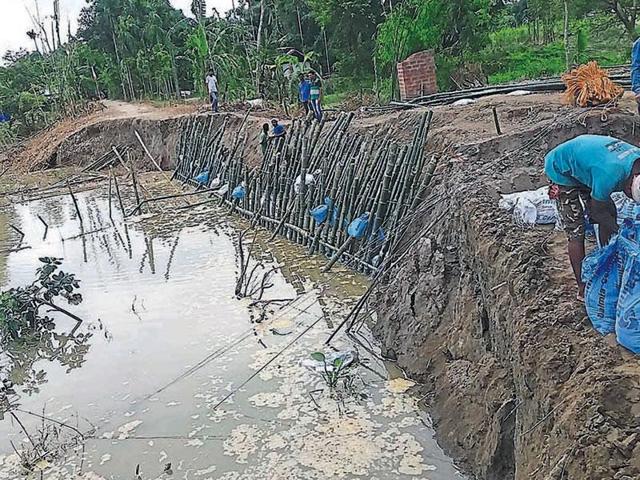 A portion of Majuli island in Assam. The river island, which shapes and reshapes itself after every flood, has shrunk from 1,246 sq km in 1971 to around 650 sq km at present.(Utpal Parashar/HT Photo)