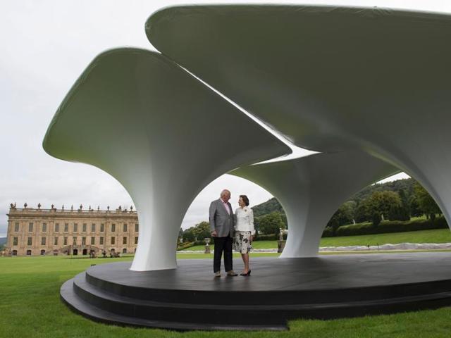 Duke of Devonshire Peregrine Cavendish and his wife Amanda pose for a photograph in front of an installation by British architect Zaha Hadid titled Lilas, featuring in the 'Beyond Limits' exhibition. (AFP) Duke of Devonshire Peregrine Cavendish and his wife Amanda pose for a photograph in front of an installation by British architect Zaha Hadid titled Lilas, featuring in the 'Beyond Limits' exhibition. (AFP)