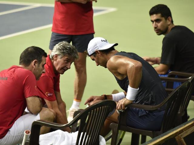Rafa gets a niggle looked at by the team physio. (Vipin Kumar/HT PHOTO)
