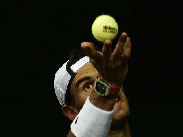 Rafael Nadal serves during a practice session ahead of the Davis Cup World Group Playoff Tie against India at the Delhi Lawn Tennis Association’s RK Khanna Stadium in New Delhi, on September 13, 2016. (Vipin Kumar/HT PHOTO)