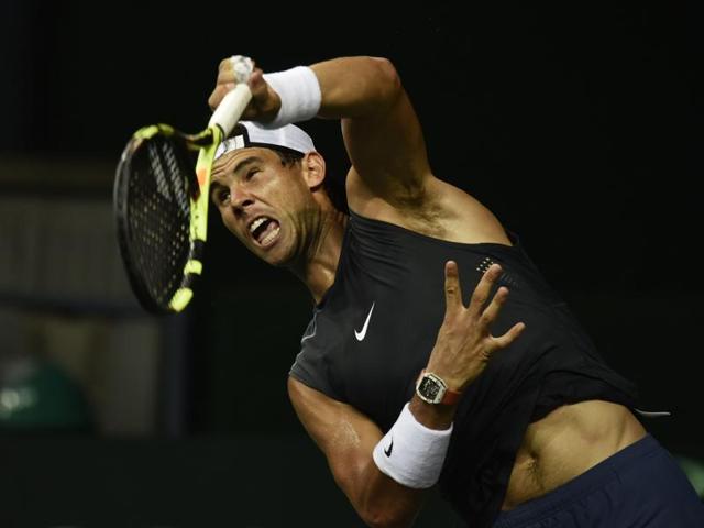 Nadal working on his serves during the session. (Vipin Kumar/HT PHOTO)