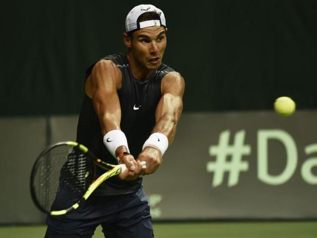 After his serves, the 14-time Grand Slam champ works on his backhand return. (Vipin Kumar/HT PHOTO)