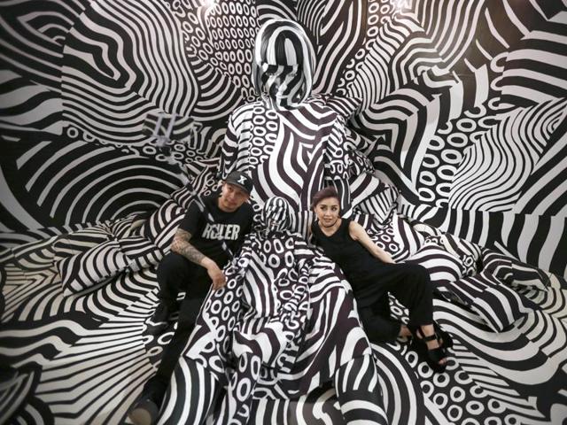 Matsuyama's installation features a strong contrast of black and white, which he learned from dazzle camouflage that was used mainly during World War I. (AP) Matsuyama's installation features a strong contrast of black and white, which he learned from dazzle camouflage that was used mainly during World War I. (AP)