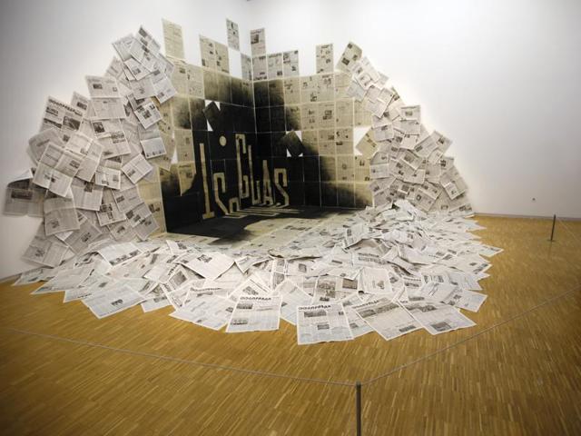 ‘Le Coin/Glanost 1989’ created by artist Dmitri Prigov on display at the Kollektsia exhibition organised at Beaubourg Museum in Paris on Monday. The exhibition, which runs through September 14, 2016 to March 27, 2017, is dedicated to Russian contemporary art. (AP) ‘Le Coin/Glanost 1989’ created by artist Dmitri Prigov on display at the Kollektsia exhibition organised at Beaubourg Museum in Paris on Monday. The exhibition, which runs through September 14, 2016 to March 27, 2017, is dedicated to Russian contemporary art. (AP)