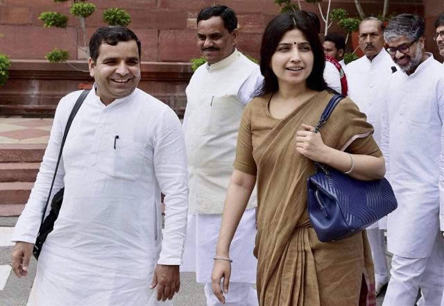 Samajwadi Party MP Dimple Yadav with party leaders at Parliament house during the monsoon session in New Delhi. (PTI Photo) Samajwadi Party MP Dimple Yadav with party leaders at Parliament house during the monsoon session in New Delhi. (PTI Photo)