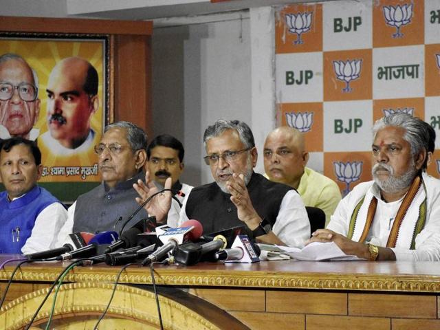 BJP leader Sushil Modi addresses a press conference aftewr former RJD MP Mohammad Shahabuddin was granted bail, in Patna.(PTI File Photo)