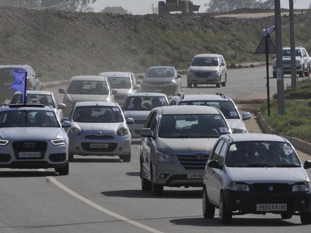 A car rally celebrates the flights to and from Sharjah at the Chandigarh international airport on Thursday evening that established regular international connectivity of the airport. (Keshav Singh/HT Photo) A car rally celebrates the flights to and from Sharjah at the Chandigarh international airport on Thursday evening that established regular international connectivity of the airport. (Keshav Singh/HT Photo)