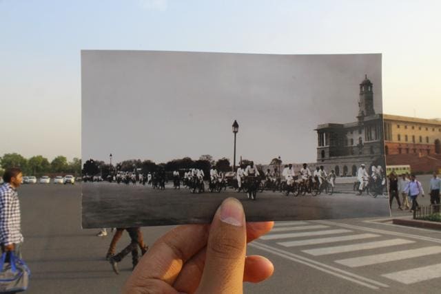 This photo in front of Rashtrapati Bhawan shows the change in the common mode of transport from cycles to cars. (Yuvraj Khanna)