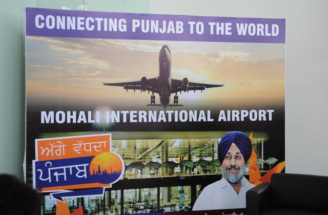 Hoarding of the Punjab government inside the airport uses ‘Mohali’. (Anil Dayal/HT Photo)