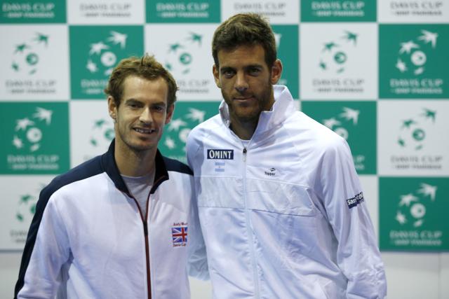 Andy Murray, left, shakes hands with Juan Martin del Potro during the draw ceremony for the Davis Cup semifinal. (AP) Andy Murray, left, shakes hands with Juan Martin del Potro during the draw ceremony for the Davis Cup semifinal. (AP)