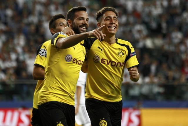 Borussia Dortmund's Gonzalo Castro celebrates with team mate Emre Mor after scoring a goal. (REUTERS) Borussia Dortmund's Gonzalo Castro celebrates with team mate Emre Mor after scoring a goal. (REUTERS)