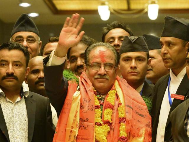 Nepal's newly-elected Prime Minister Pushpa Kamal Dahal, known as Prachanda, greets supporters as he leaves the Parliament Building in Kathmandu on August 3, 2016. Dahal is on a three-day visit to India starting Thursday.(AFP file photo)