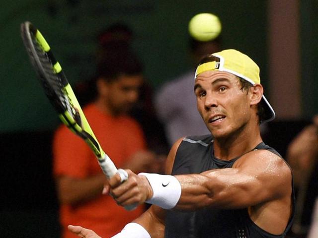 Spain's Rafael Nadal in action during a practice session in New Delhi. (PTI Photo)