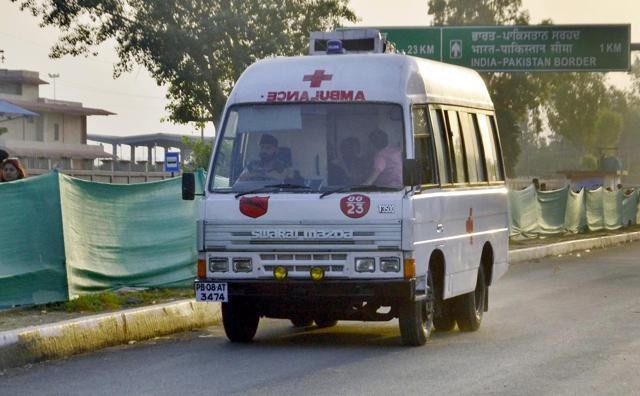 An ambulance carries the injured persons from the mishap site. (Sameer Sehgal/HT Photo)