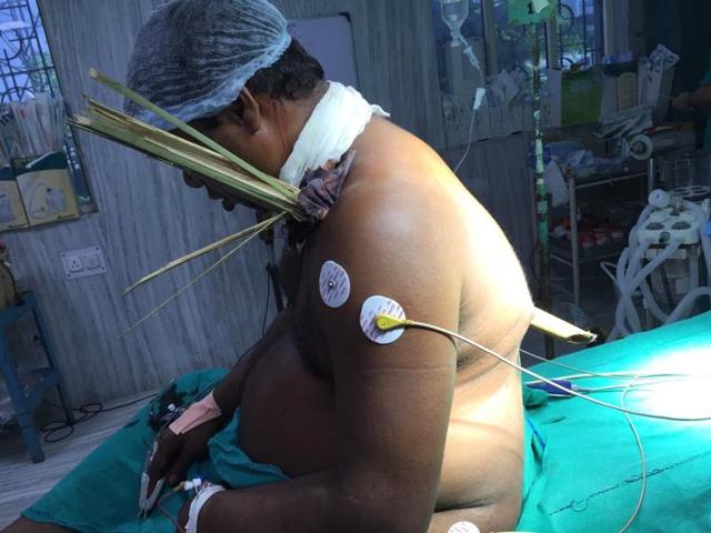 Lakshmikanta Ghosh was saved as the bamboo missed his heart and lungs.(HT Photo)