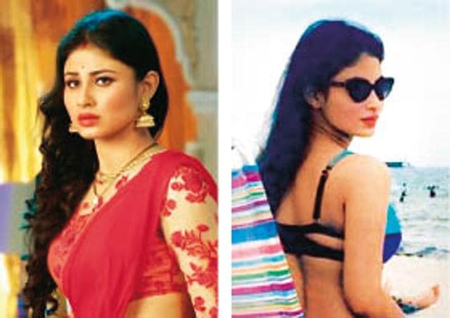 Mouni Roy (left) in her on-screen sanskari avatar, and (right) slaying in a bikini Mouni Roy (left) in her on-screen sanskari avatar, and (right) slaying in a bikini