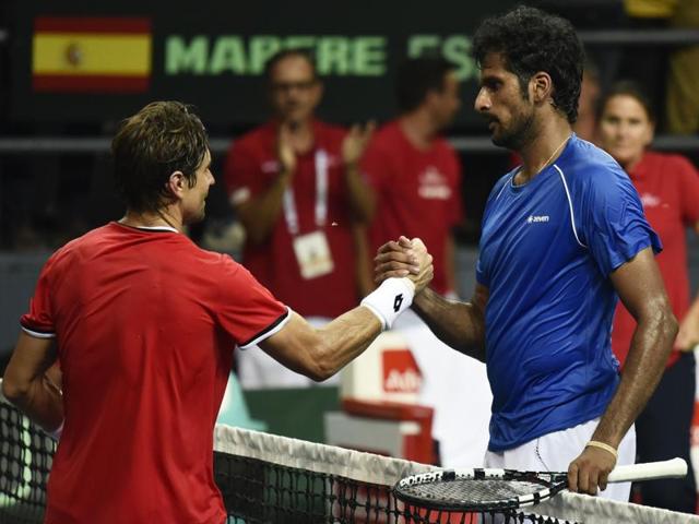 Spanish tennis player David Ferrer in action against India's Saketh Myneni during the Davis Cup World Group playoff match in New Delhi on September 16, 2016. Ferrer swept aside Myneni to win the match. (PTI Photo) Spanish tennis player David Ferrer in action against India's Saketh Myneni during the Davis Cup World Group playoff match in New Delhi on September 16, 2016. Ferrer swept aside Myneni to win the match. (PTI Photo)