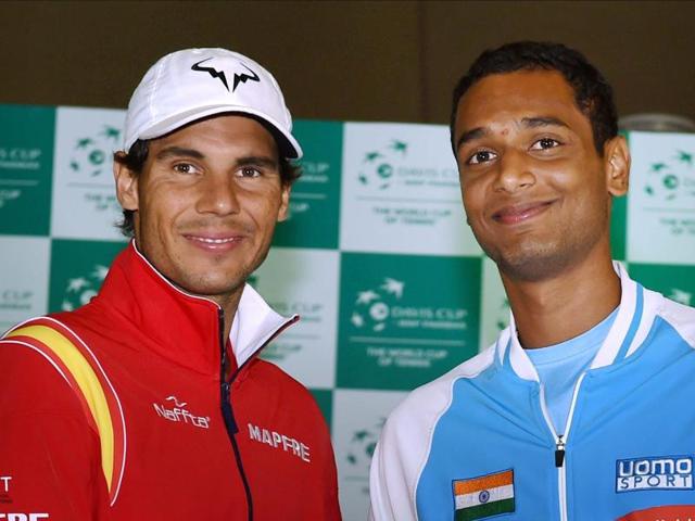 Rafael Nadal speaks to media after the draw of Play at a function in New Delhi.(Vipin Kumar/HT PHOTO)