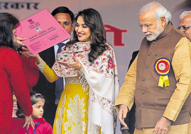 Prime Minister Narendra Modi and film actor Madhuri Dixit launching the Beti Bachao Beti Padhao at Panipat on Janaury 22, 2015. (HT Photo) Prime Minister Narendra Modi and film actor Madhuri Dixit launching the Beti Bachao Beti Padhao at Panipat on Janaury 22, 2015. (HT Photo)