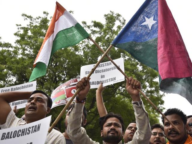Hindu Sena members stage a protest to support Balochistan at Jantar-Mantar in New Delhi in August. Pakistan has said that the sudden Indian focus on Balochistan was consistent with their “playbook of seeking to distract attention from the repression unleashed in Kashmir”. (Ravi Choudhary/HT PHOTO) Hindu Sena members stage a protest to support Balochistan at Jantar-Mantar in New Delhi in August. Pakistan has said that the sudden Indian focus on Balochistan was consistent with their “playbook of seeking to distract attention from the repression unleashed in Kashmir”. (Ravi Choudhary/HT PHOTO)