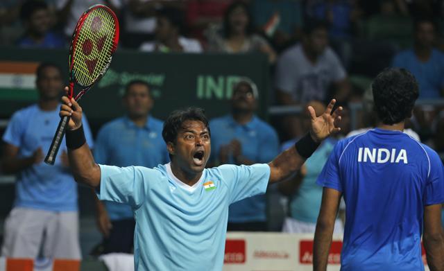 Paes’ inspired court coverage and Myneni’s serve put the Indians on top for much of the first two sets. (AP) Paes’ inspired court coverage and Myneni’s serve put the Indians on top for much of the first two sets. (AP)